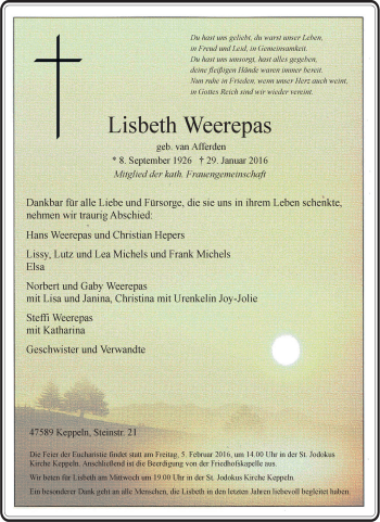 Traueranzeige von Lisbeth Weerepas von Tageszeitung