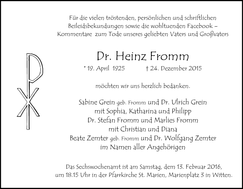  Traueranzeige für Heinz Fromm vom 06.02.2016 aus Tageszeitung