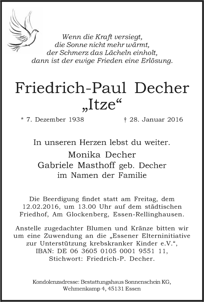  Traueranzeige für Friedrich-Paul Decher vom 06.02.2016 aus Tageszeitung