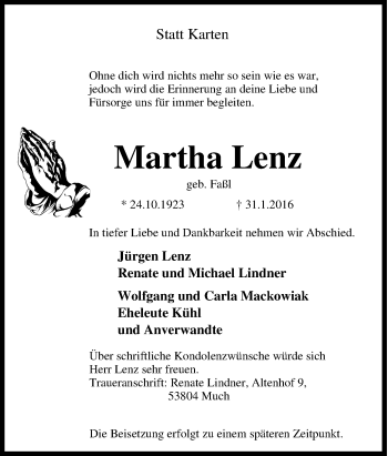 Traueranzeige von Martha Lenz von Tageszeitung