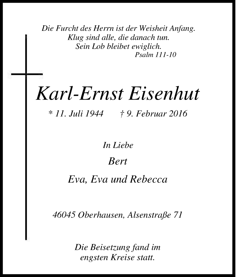  Traueranzeige für Karl-Ernst Eisenhut vom 17.02.2016 aus Tageszeitung