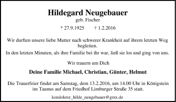 Traueranzeige von Hildegard Neugebauer von Tageszeitung