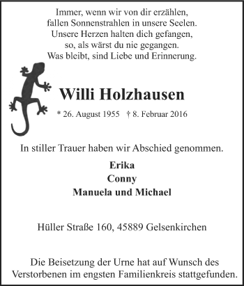 Traueranzeige von Willi Holzhausen von Tageszeitung