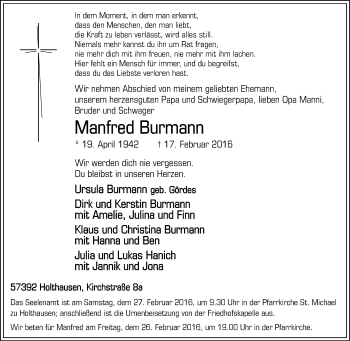 Traueranzeige von Manfred Burmann von Tageszeitung