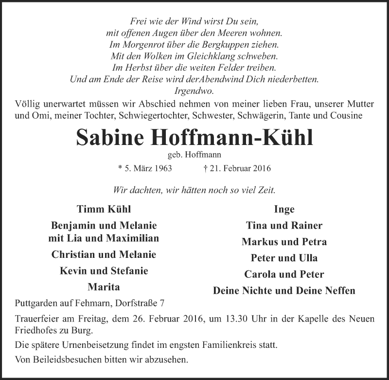  Traueranzeige für Sabine Hoffmann-Kühl vom 24.02.2016 aus Tageszeitung