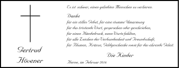 Traueranzeige von Gertrud Hövener von Tageszeitung