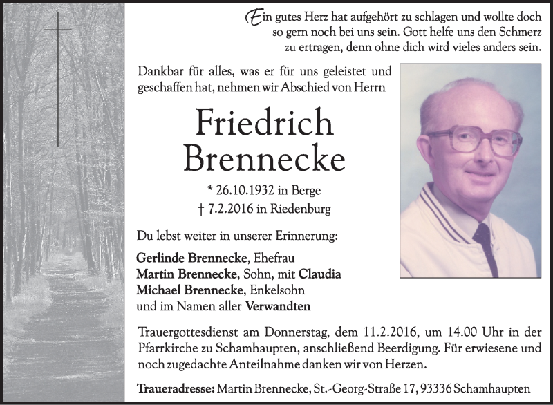  Traueranzeige für Friedrich Brennecke vom 09.02.2016 aus Tageszeitung