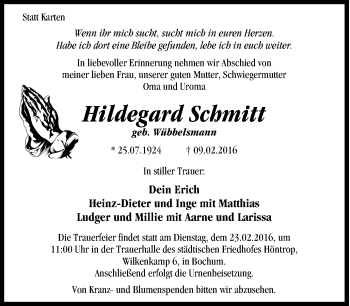 Traueranzeige von Hildegard Schmitt von Tageszeitung