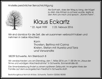 Traueranzeige von Klaus Eckartz von Tageszeitung