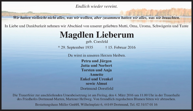  Traueranzeige für Magdlen Lieberum vom 27.02.2016 aus Tageszeitung