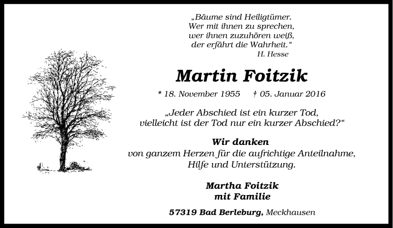  Traueranzeige für Martin Foitzik vom 13.02.2016 aus Tageszeitung