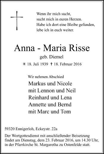 Traueranzeige von Anna-Maria Risse von Tageszeitung