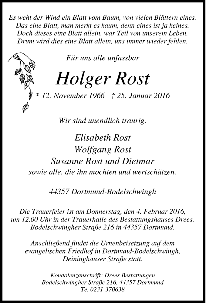  Traueranzeige für Holger Rost vom 01.02.2016 aus Tageszeitung