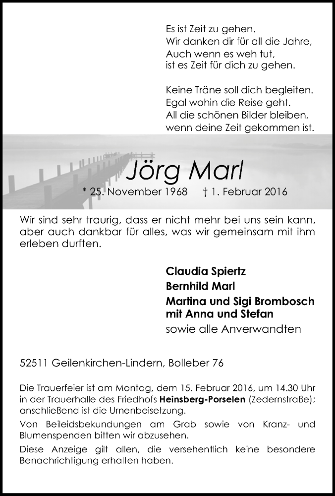  Traueranzeige für Jörg Marl vom 06.02.2016 aus Tageszeitung