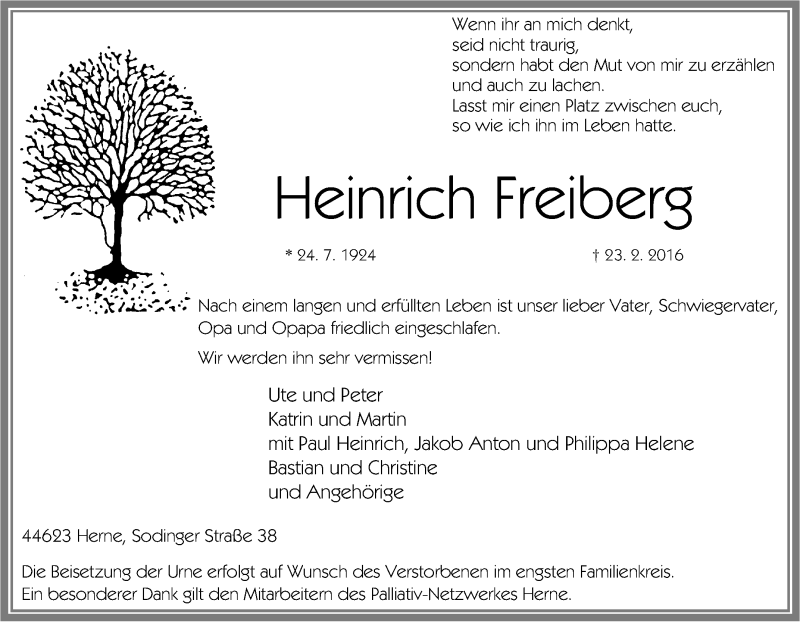  Traueranzeige für Heinrich Freiberg vom 27.02.2016 aus Tageszeitung