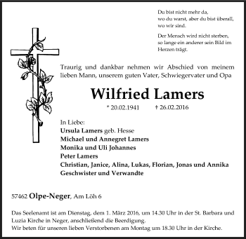 Traueranzeige von Wilfried Lamers von Tageszeitung