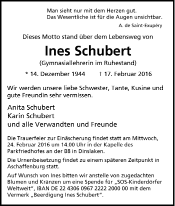 Traueranzeige von Ines Schubert von Tageszeitung