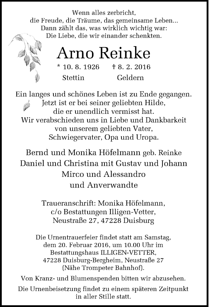  Traueranzeige für Arno Reinke vom 13.02.2016 aus Tageszeitung