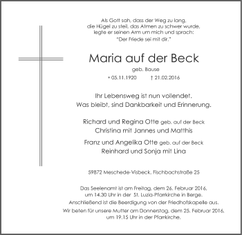 Traueranzeige von Maria auf der Beck von Tageszeitung