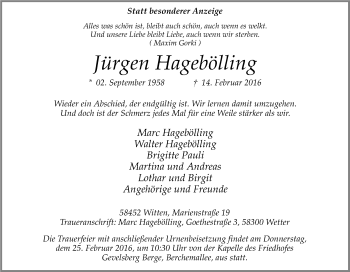 Traueranzeige von Jürgen Hagebölling von Tageszeitung