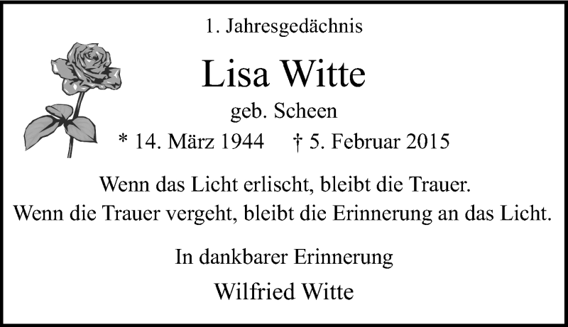  Traueranzeige für Lisa Witte vom 05.02.2016 aus Tageszeitung