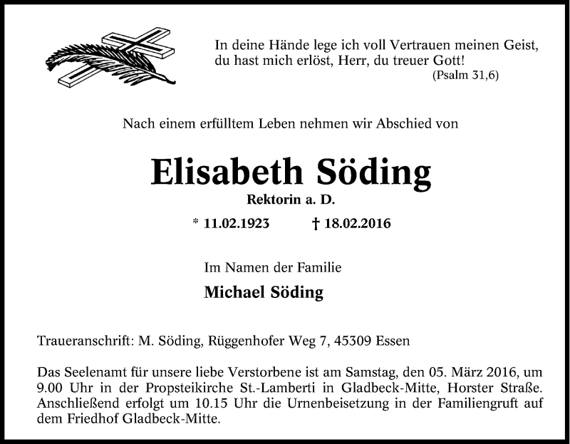 Traueranzeige für Elisabeth Söding vom 27.02.2016 aus Tageszeitung