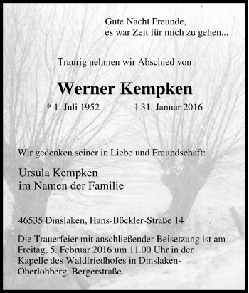 Traueranzeige von Werner Kempken von Tageszeitung