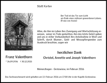 Traueranzeige von Franz Valenthorn von Tageszeitung