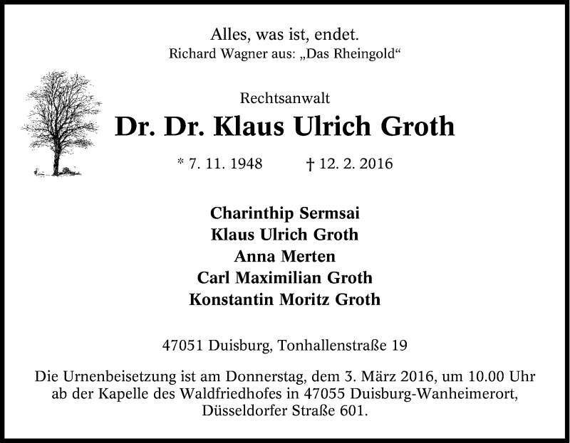  Traueranzeige für Klaus Ulrich Groth vom 27.02.2016 aus Tageszeitung