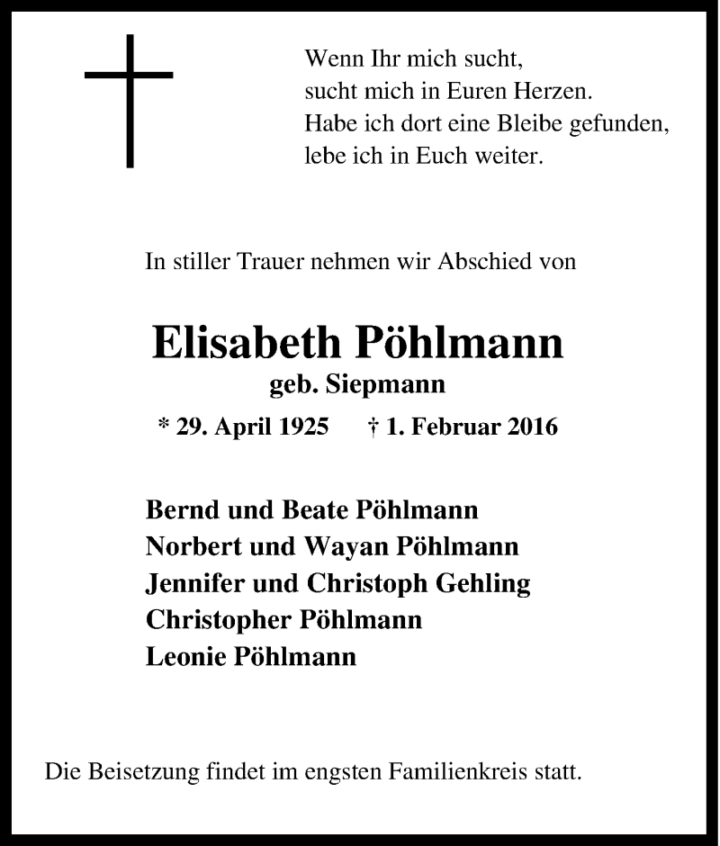 Traueranzeigen von Elisabeth Pöhlmann TrauerinNRW.de