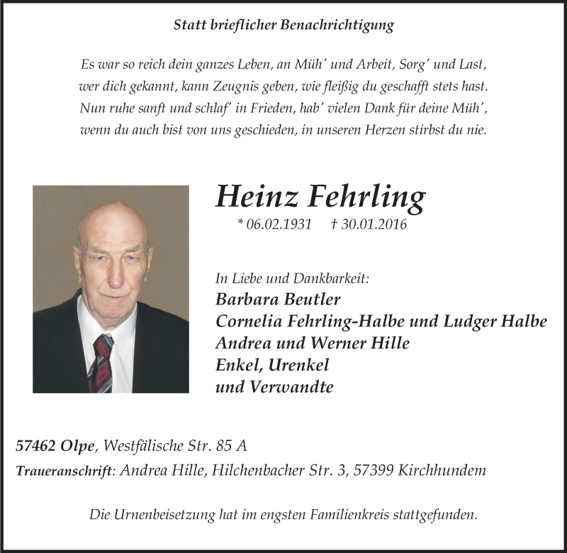  Traueranzeige für Heinz Fehrling vom 08.02.2016 aus Tageszeitung