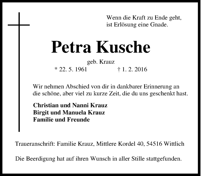  Traueranzeige für Petra Kusche vom 13.02.2016 aus Tageszeitung