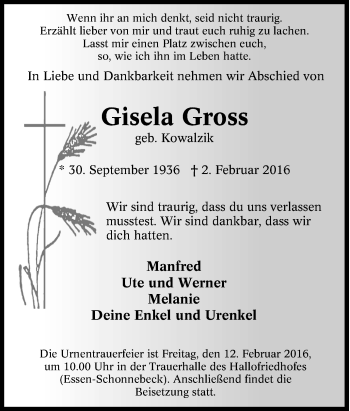 Traueranzeige von Gisela Gross von Tageszeitung