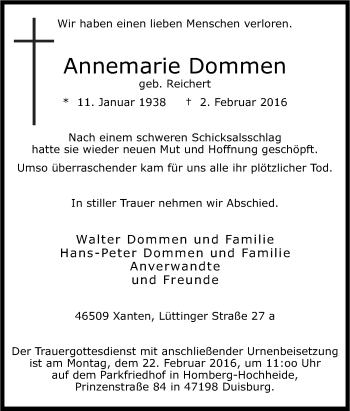 Traueranzeige von Annemarie Dommen von Tageszeitung