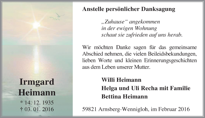  Traueranzeige für Irmgard Heimann vom 13.02.2016 aus Tageszeitung