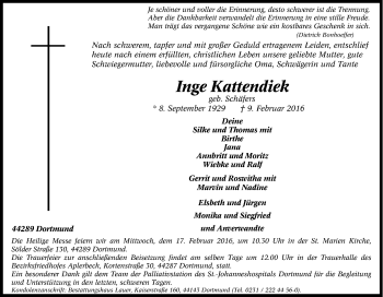 Traueranzeige von Inge Kattendiek von Tageszeitung