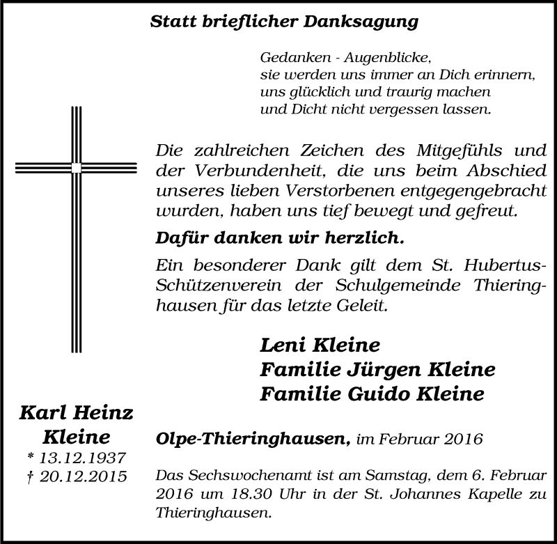  Traueranzeige für Karl Heinz Kleine vom 02.02.2016 aus Tageszeitung