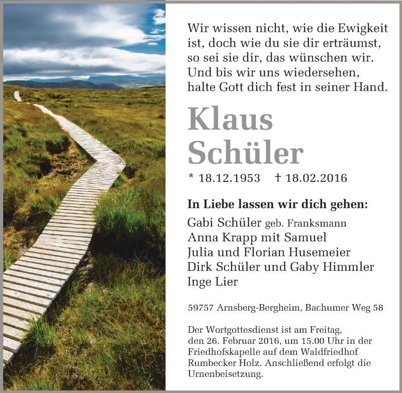  Traueranzeige für Klaus Schüler vom 22.02.2016 aus Tageszeitung