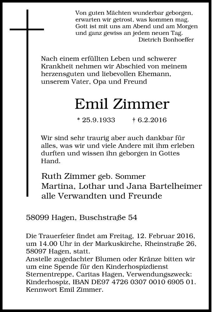  Traueranzeige für Emil Zimmer vom 10.02.2016 aus Tageszeitung