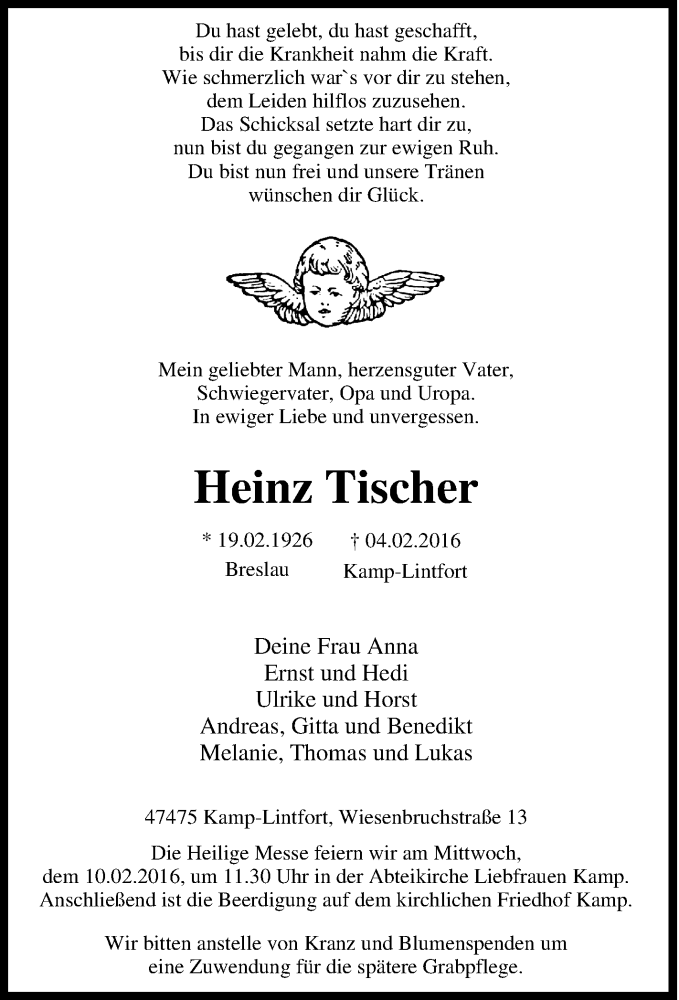  Traueranzeige für Heinz Tischer vom 06.02.2016 aus Tageszeitung