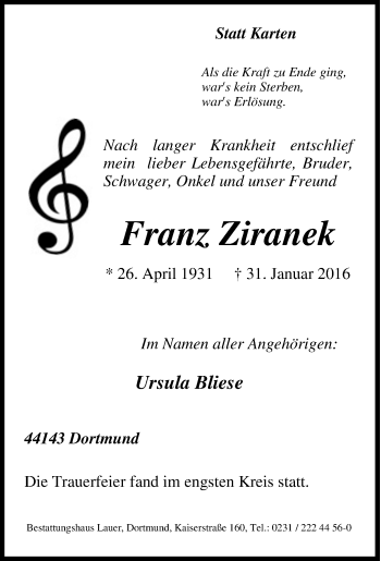 Traueranzeige von Franz Ziranek von Tageszeitung