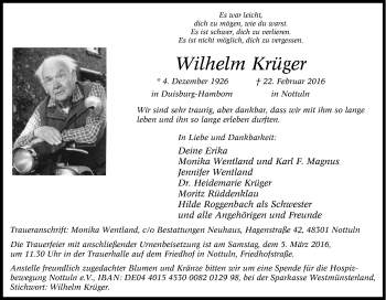 Traueranzeige von Wilhelm Krüger von Tageszeitung