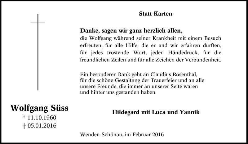  Traueranzeige für Wolfgang Süss vom 27.02.2016 aus Tageszeitung