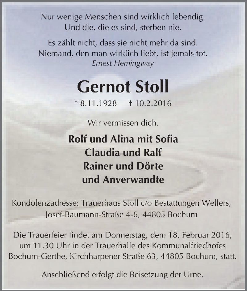  Traueranzeige für Gernot Stoll vom 13.02.2016 aus Tageszeitung