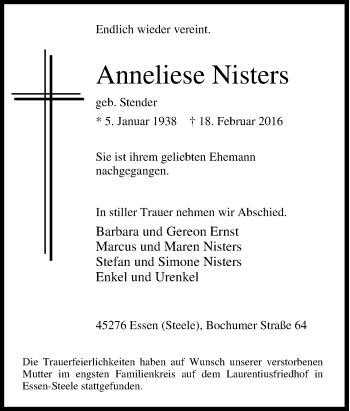 Traueranzeige von Anneliese Nisters von Tageszeitung