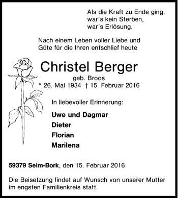 Traueranzeige von Christel Berger von Tageszeitung
