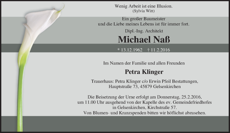  Traueranzeige für Michael Naß vom 20.02.2016 aus Tageszeitung