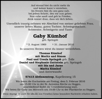 Traueranzeige von Gaby Kümhof von Tageszeitung