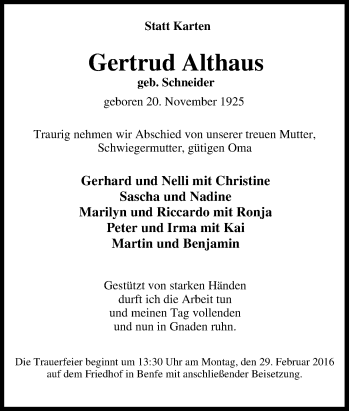 Traueranzeige von Gertrud Althaus von Tageszeitung