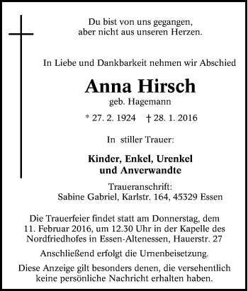 Traueranzeige von Anna Hirsch von Tageszeitung